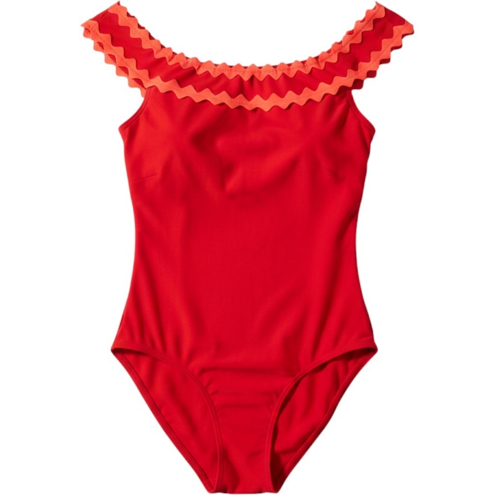 Karla Colletto New One Piece Swimsuit Sz 12 Red Off Shoulder Wave Rickrack USA